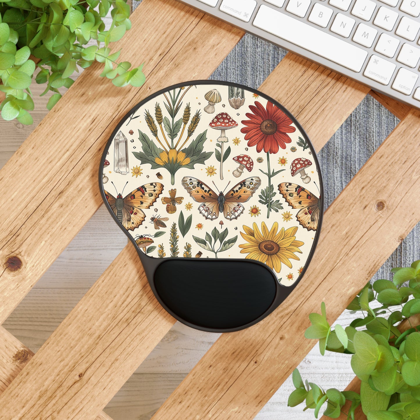 Mouse Pad with Wrist Rest - Moth Butterfly Wildflower Aesthetic Support