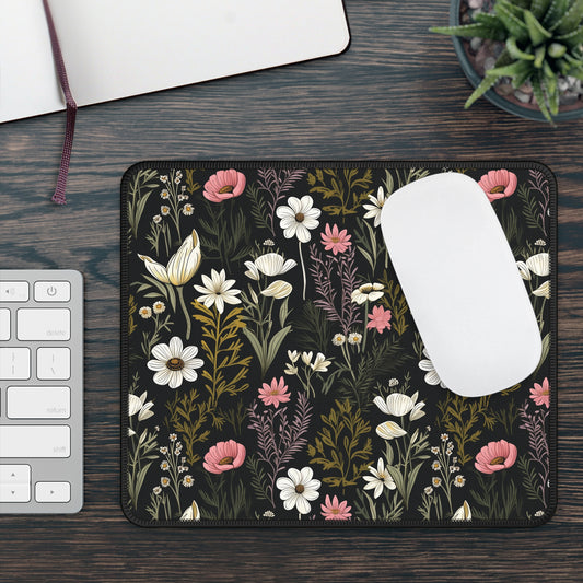 Mouse Pad - Cottagecore Floral Wildflower & Mushroom Design, Kawaii Desk Mat