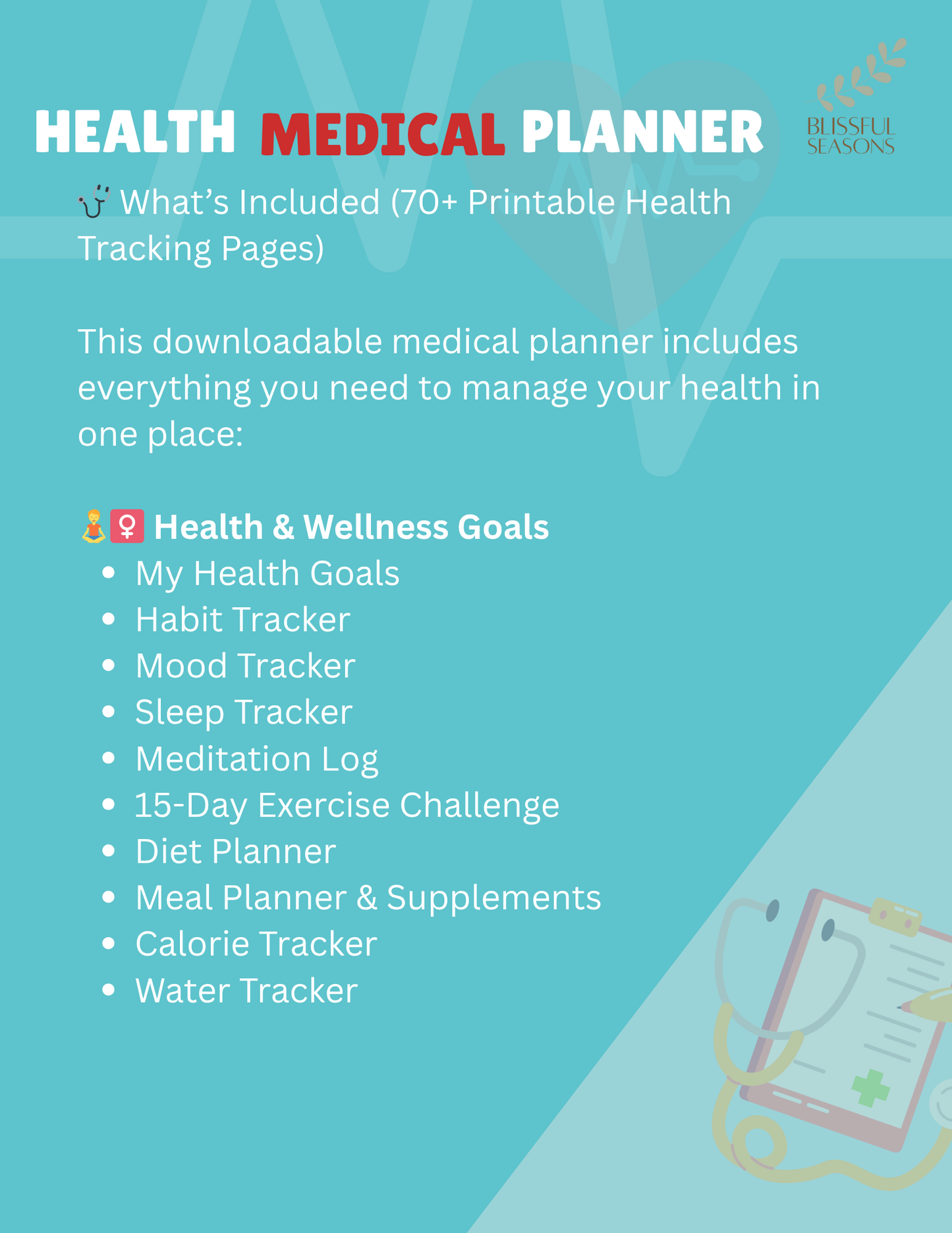 Health Planner Printable Medical & Wellness Organizer, Chronic Illness Tracker, Medication Log, Fitness Journal (Digital PDF Download)
