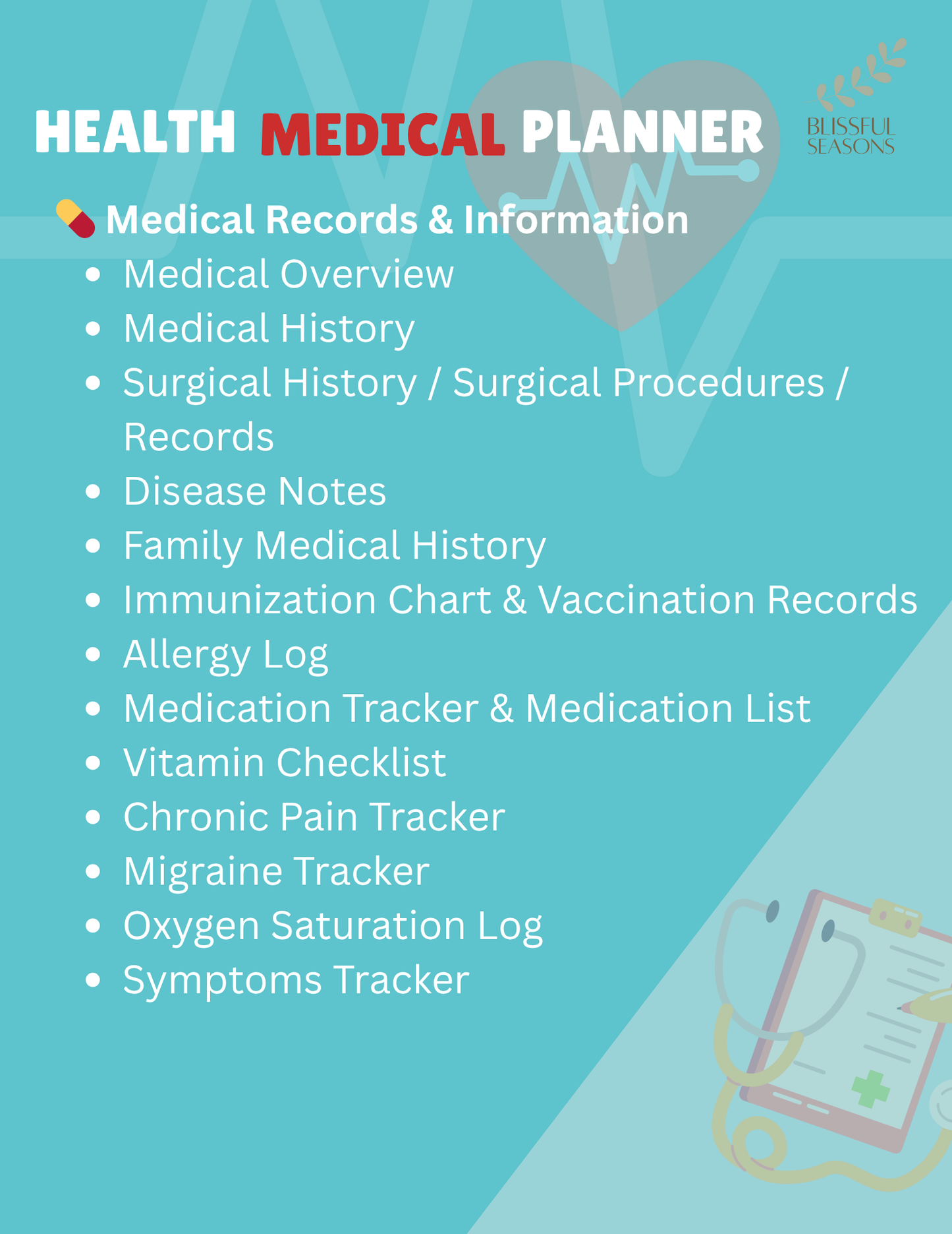 Health Planner Printable Medical & Wellness Organizer, Chronic Illness Tracker, Medication Log, Fitness Journal (Digital PDF Download)