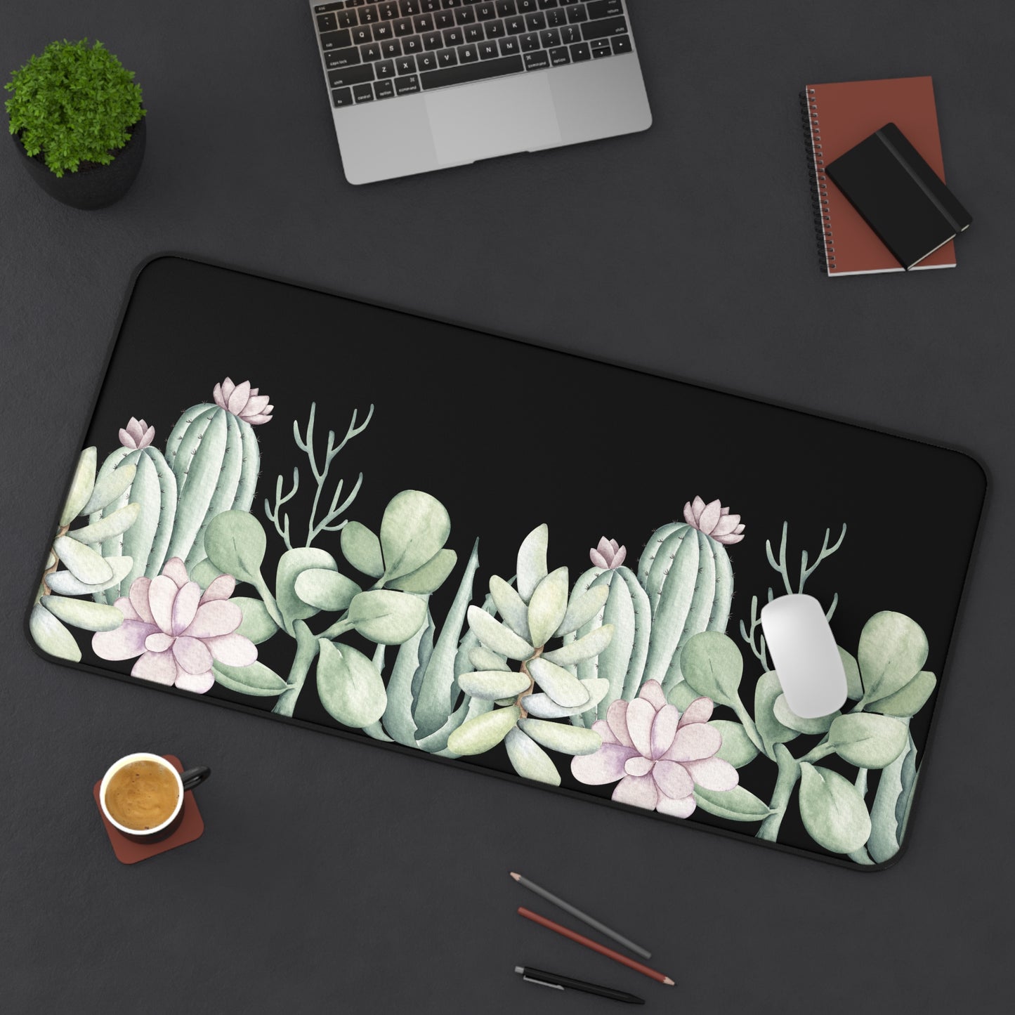 Desk Mat Botanical Mouse Pad Large with Black Background for Succulent Lovers