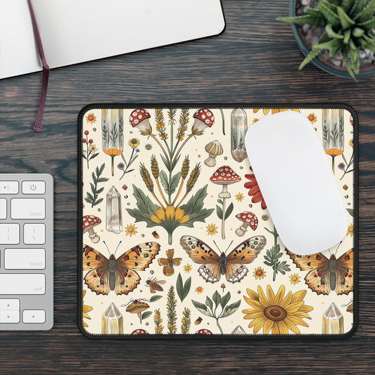 Moth Mushroom Gaming Mouse Pad with Wrist Rest - Aesthetic Wildflower Design