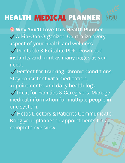 Health Planner Printable Medical & Wellness Organizer, Chronic Illness Tracker, Medication Log, Fitness Journal (Digital PDF Download)