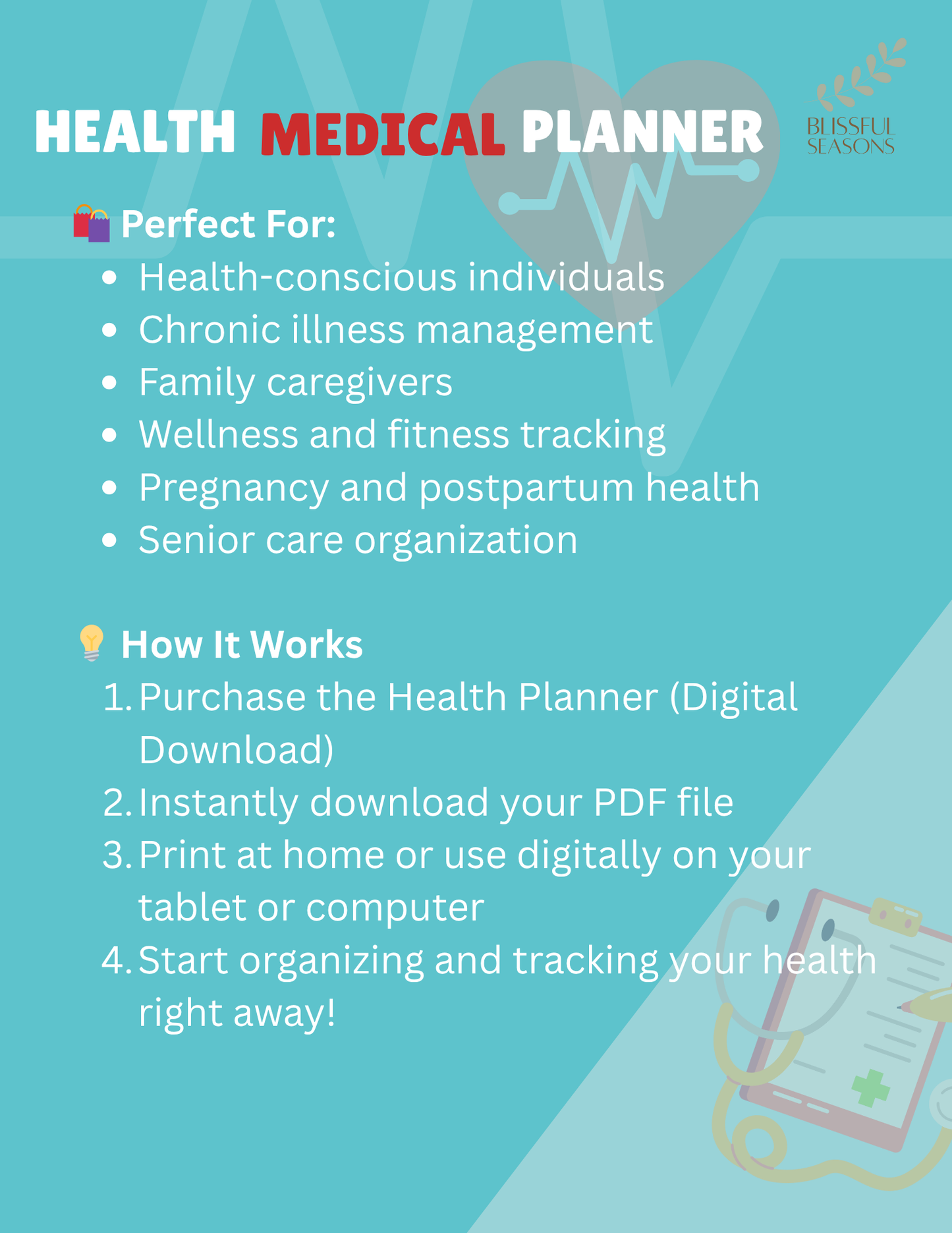 Health Planner Printable Medical & Wellness Organizer, Chronic Illness Tracker, Medication Log, Fitness Journal (Digital PDF Download)